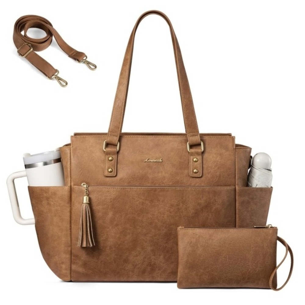 Lovevook Laptop Tote Bag 17.1 in Brown Vegan Leather with Wristlet